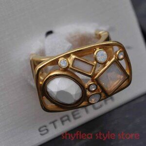 Tahari Ring South Beach White Iridescent Faceted Stones Geometric Stretch Band